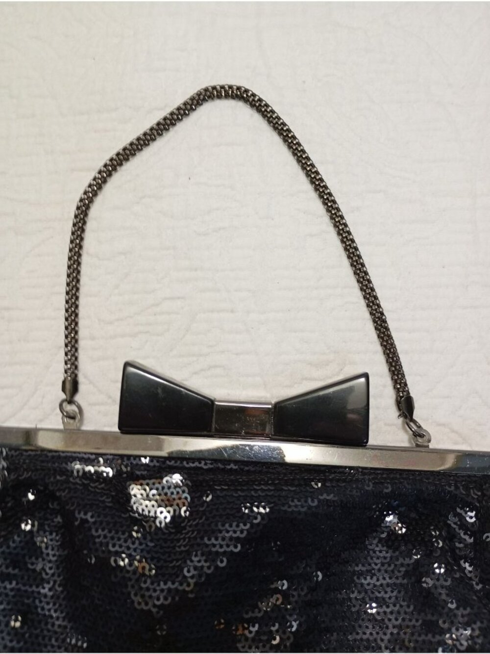 Black Sequin Bow Clutch Purse With Silver Chain Strap By Omely - Picture 9 of 11